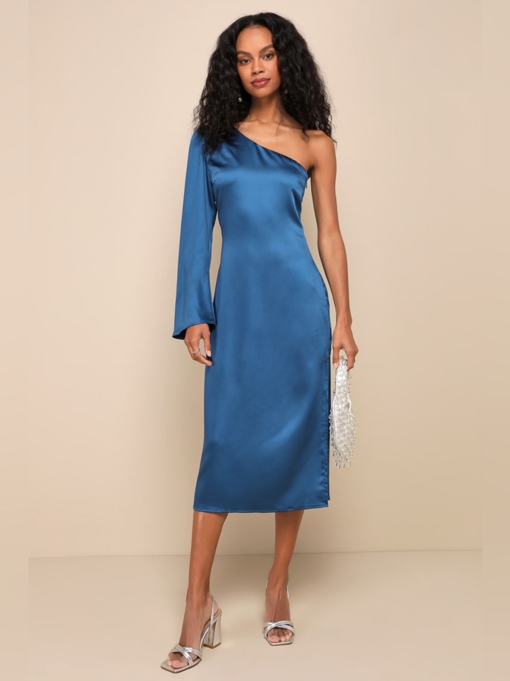 NWT - Lulu's One-Shoulder Satin Midi Dress in Teal Blue-Size M - 002